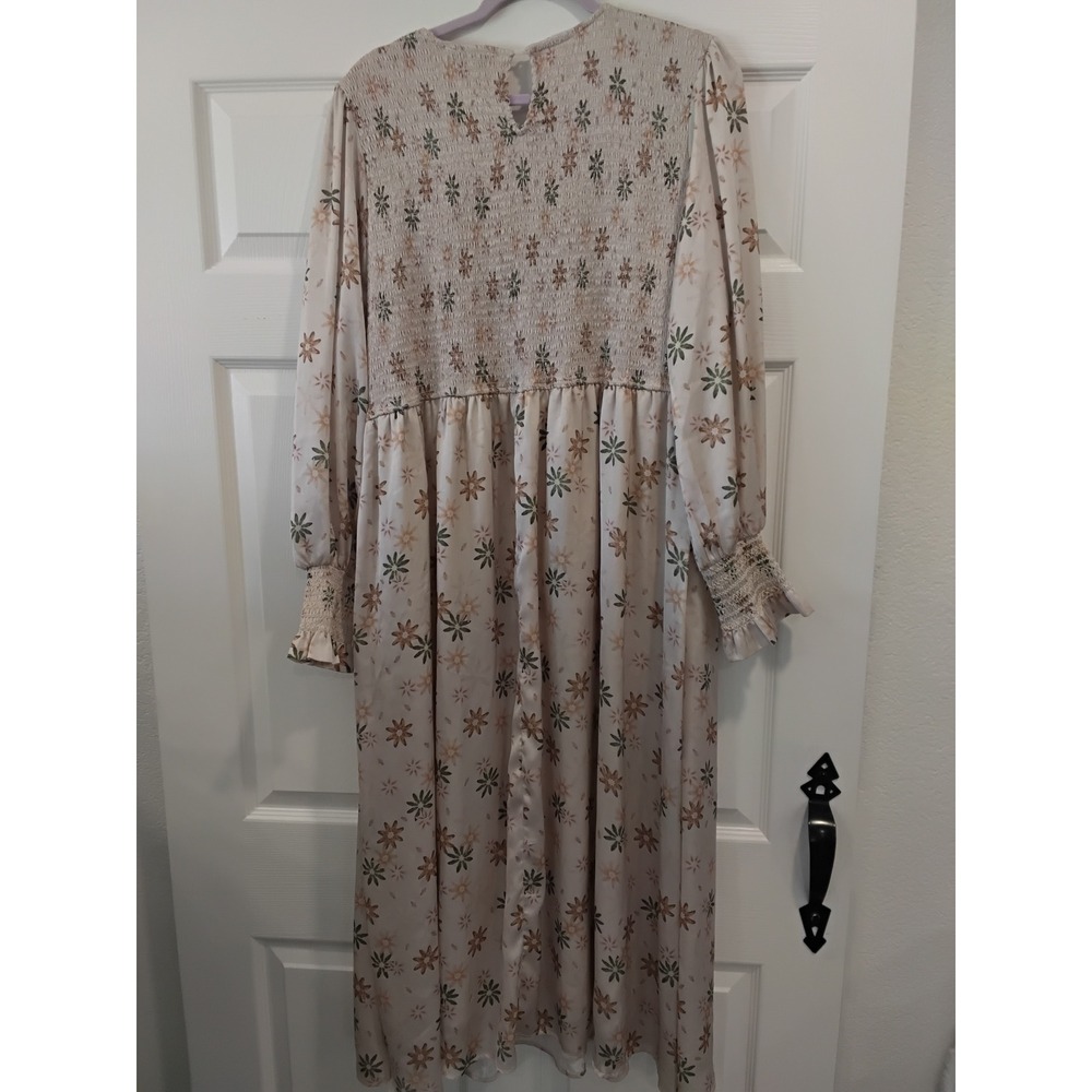 Polagram Floral Smocked Midi Dress Womens 3XL Cream Long Sleeve Cottagecore - Picture 4 of 9